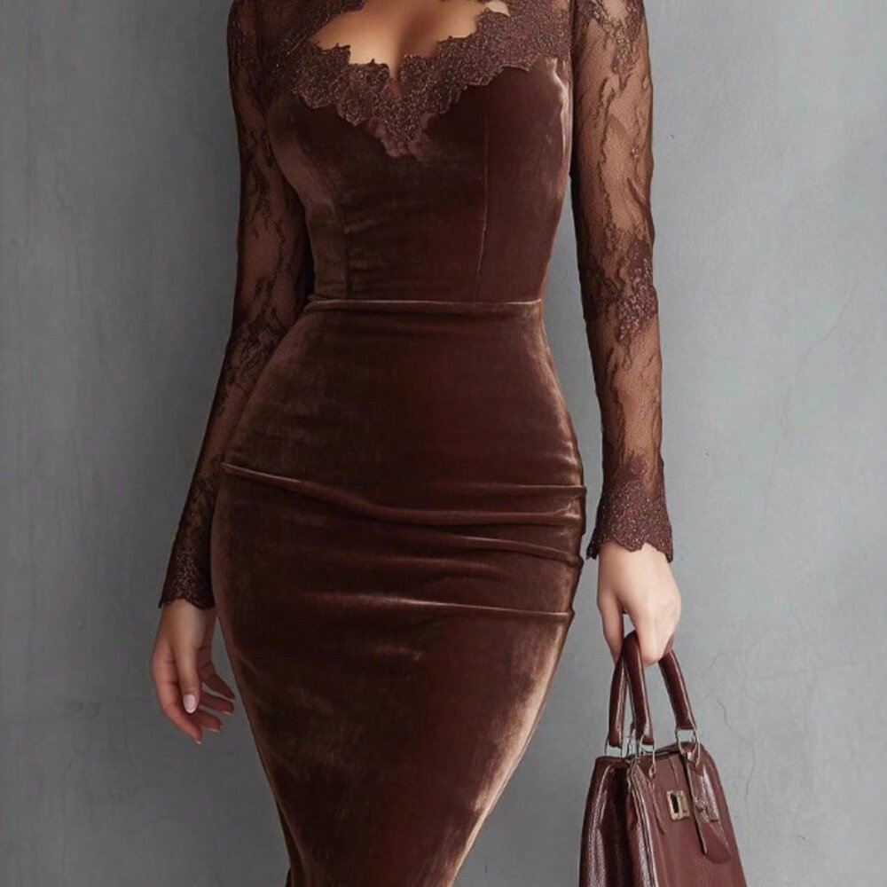 Coffee Brown Vintage Women's Party Elegant Cut Out Contrast Midi Dress